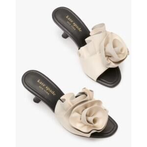 Kate Spade Flourish Nappa Leather Rosettes Mules, Black/cream Size 6.5 NWT NEW